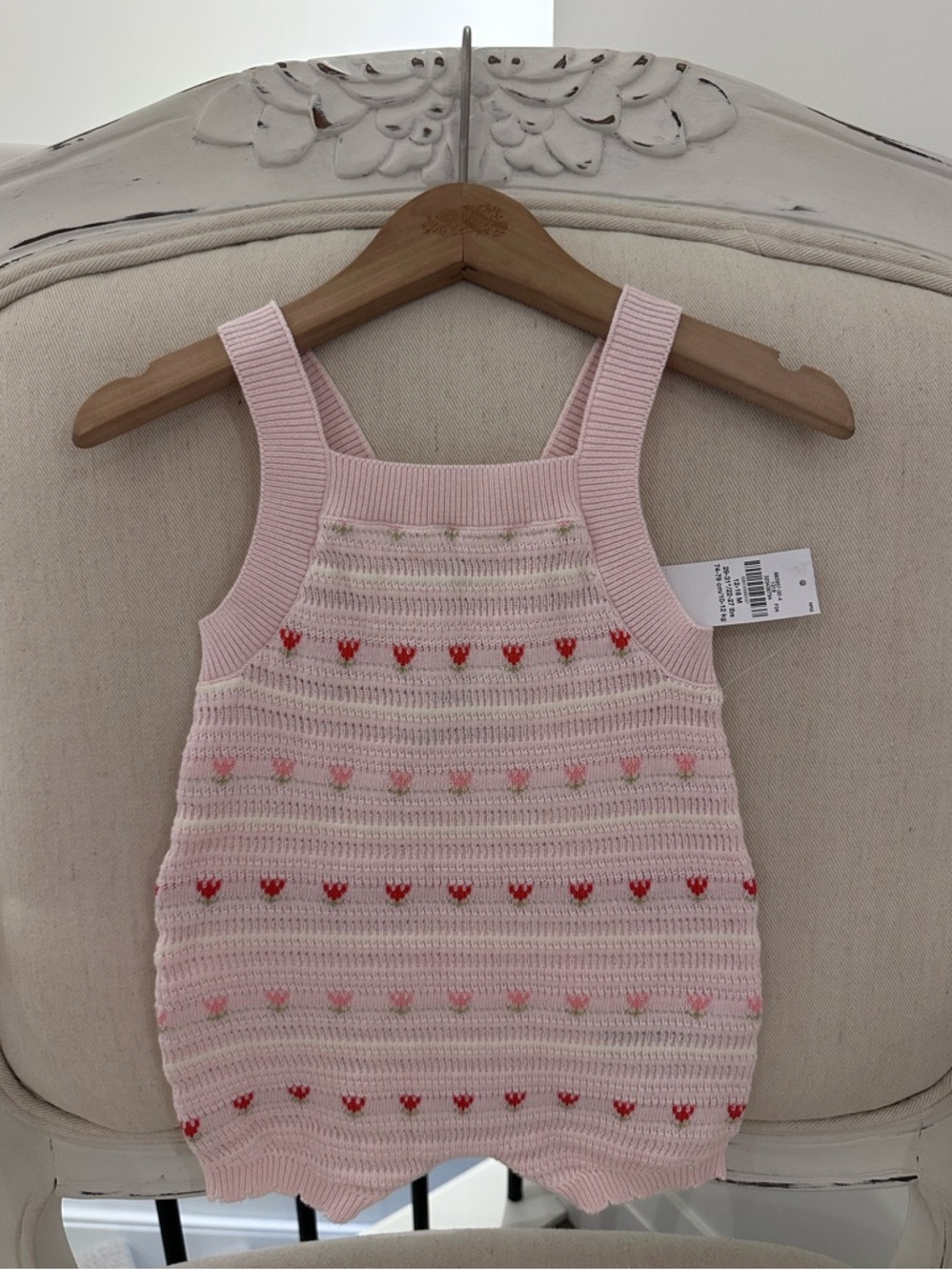 🤍 12~18 Adorable Pink 100% Cotton Knit Baby Romper with Red Heart Detail NWT